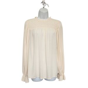 A New Day Smocked Victorian Style Blouse Size Small Light Ivory Long Sleeve FLAW